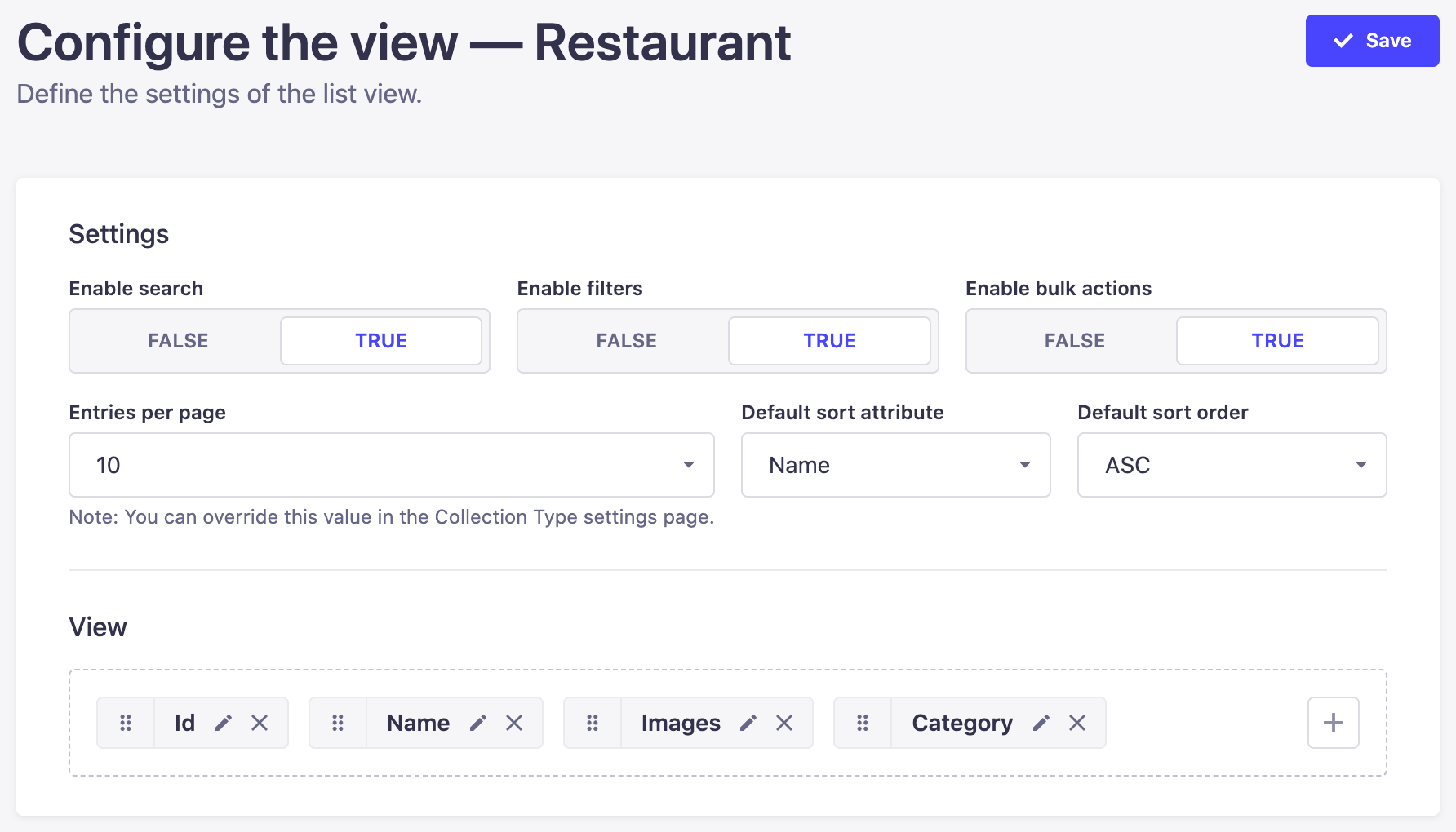 Settings of a list view in the Content Manager